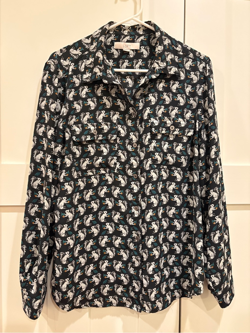 LOFT Black Button-Up Blouse with White & Teal Bird Print